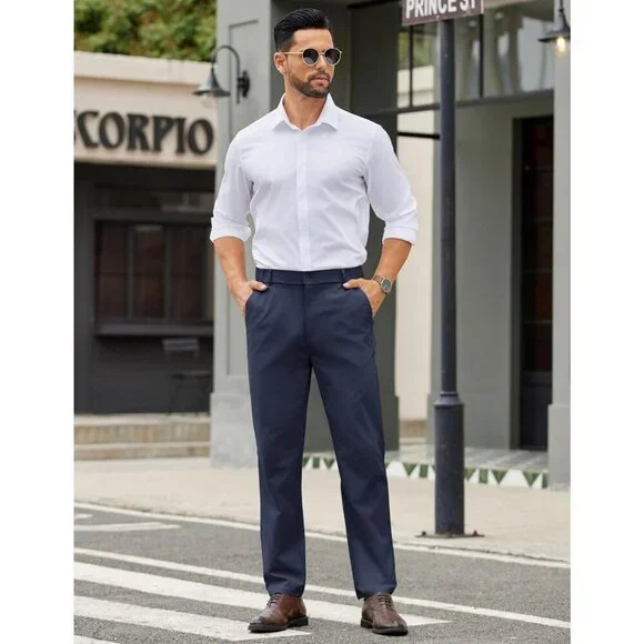 Coofandy Men Navy Blue Elastic Waist Business Dress Pants with Pockets